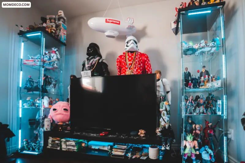 floating shelves with displayed collectibles