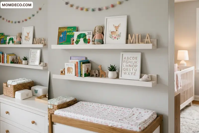 use nursery shelves for decor and storage